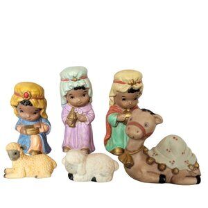 Vintage Miniature Nativity Wise Men Figurines Set Dark Skin Children